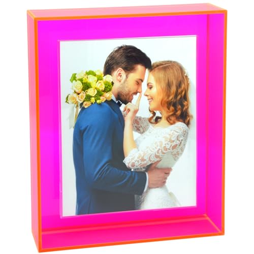 HappyDino 4x6 Acrylic Picture Frame for Wall and Tabletop Neon Floating Photo Frame with Decorative Bright Color, Neon Pink