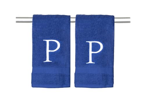 Navy with White Monogrammed Hand Towels for Bathroom - Set of 2 Letter P - Luxury Hotel Quality Initial Towels For Powder Room, Spa, GOTS Organic Certified