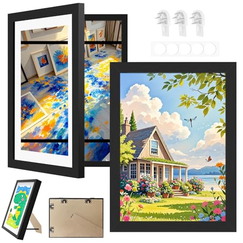 Woobroo 2 Pack Kids Art Frames Children's A4 Picture Frames - Front Opening Artwork Display Frame for Drawings, Wall Mountable Storage (Black)