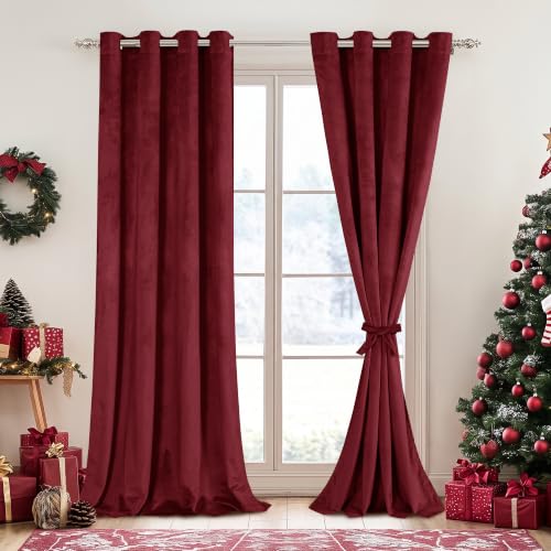 DWCN Wine Red Blackout Velvet Curtains Tieable Grommet Thermal Insulated Christmas Holiday Decorative Backdrops for Living Room Party Decor, W52 x L120 inch Long, 2 PCs