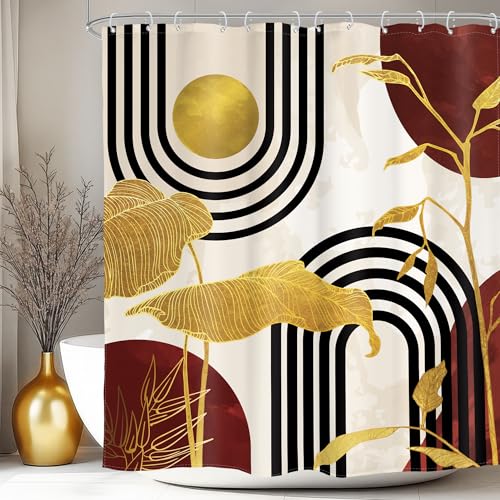Red Abstract Mid Shower Curtain Boho Retro Tropical Bathroom Curtain Set - Century Palm Tree Plant Minimalist Sun Arch Geometric Aesthetic 60Wx72L Bathroom Decor Waterproof Fabric with Free Hooks