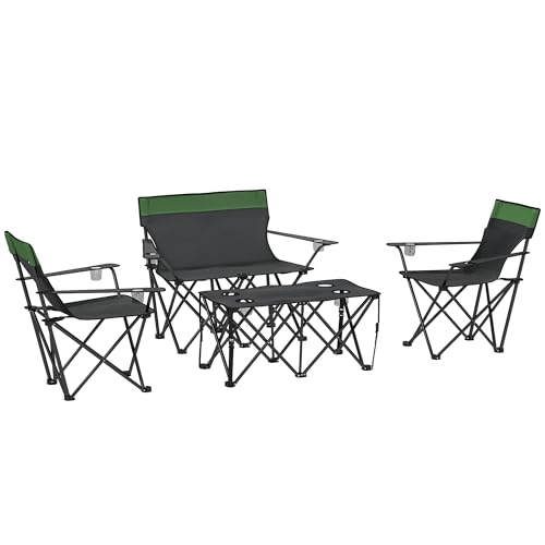 Outsunny 4 Piece Foldable Camping Table and Chairs Set, Portable Picnic Table with 3 Chairs, Cup Holders and Carrying Bag, Outdoor Lightweight Table Set for BBQ, Picnic, Parties, Olive Green