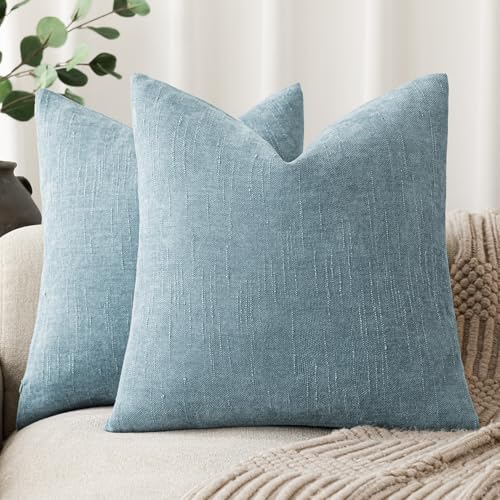 Foindtower Pack of 2 Textured Chenille Throw Decorative Pillow Covers Square Accent Solid Cushion Cover Neutral Farmhouse Pillow Case for Couch Sofa Bedroom Living Room 24x24 Inch,Light Blue