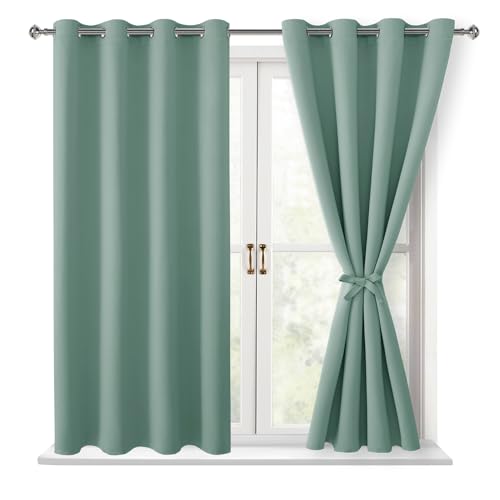Hiasan Blackout Curtains for Bedroom, 52 x 54 Inches Long - Thermal Insulated & Light Blocking Window Curtains for Living Room, 2 Drape Panels Sewn with Tiebacks, Sage Green