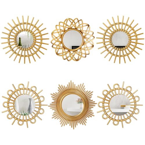 Namalu 6 Pcs Sunburst Mirror for Wall Decor, Small Circle Sun Espejos Decorative Mirror Hanging for Art Entryway Home Decor Bathroom Bedroom Living Room(Elegant,Gold)