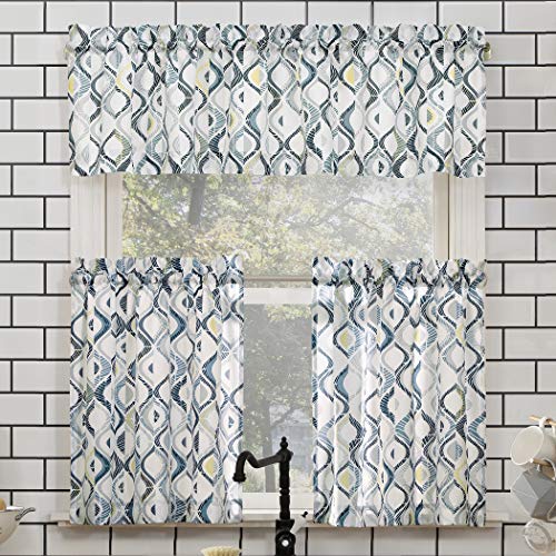 No. 918 Barker 51105 Geometric Print Microfiber Kitchen Curtains Set, 3-Piece, 54 x 36 Inch, White