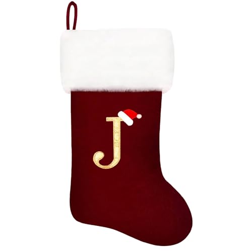 Eoocan 20 Inches Monogram Christmas Stockings Wine Red Velvet with White Super Soft Plush Cuff Embroidered Stockings Classic Personalized Stocking Decorations for Family Holiday Season Decor(Letter J)