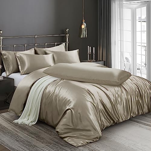 Ersmak 6 Pieces Satin Duvet Cover King Size Luxury Silky Bedding Duvet Cover Set with 1 Soft Duvet Cover, 4 King Pillowcases and 1 Body Pillowcase, Sand