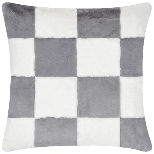 furn. Heya Home Cozee Check Faux Fur Cushion Cover – Ultra-Soft Checkerboard Design (Slate Blue – 50 x 50 cm, Pack of 1)