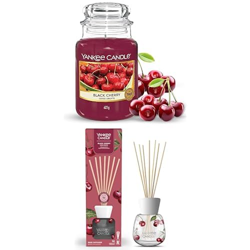 Bundle of Yankee Candle Scented Candle - Black Cherry Large Jarn + Yankee Candle Signature Scented Reed Diffuser - Black Cherry Aroma Diffuser- 100 ml - Perfect Gifts for Women
