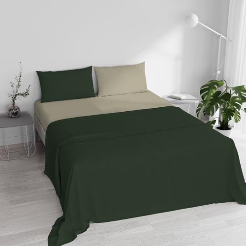 Double Bed Sheet Set, 100% Natural Cotton, Made in Italy – Complete Bed Set, Fitted Sheet, Top Sheet 240 x 300 cm and Pillowcases with Inner Flap, Olive Green/Taupe