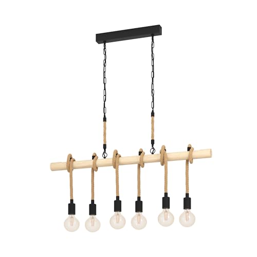 Eglo Pendant Light Youngstown, 6-Light Hanging Lamp Vintage Industrial Retro, Pendant Lamp Steel Wood Natural Rope, Dining Table Light, Living Room Hanging Lamp Black Natural E27 Socket