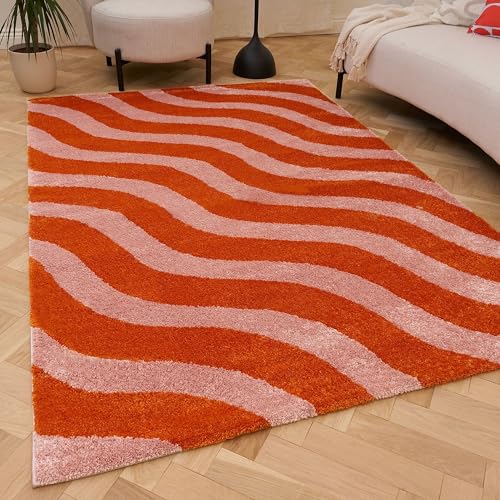 THE RUGS Joli Area Rug - Soft Dense Pile Modern Artistic Design, Durable & Easy Care Carpet for Living Room & Bedroom - Striped Orange & Pink, 200 x 290 cm