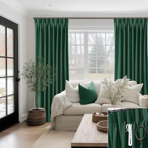 SHINELAND Forest Green/Hunter Green Pinch Pleated Blackout Curtains, Tailored Drapery for Living Room Bedroom, 40 Inch Wide x 90 Inch Long, 2 Panels Set