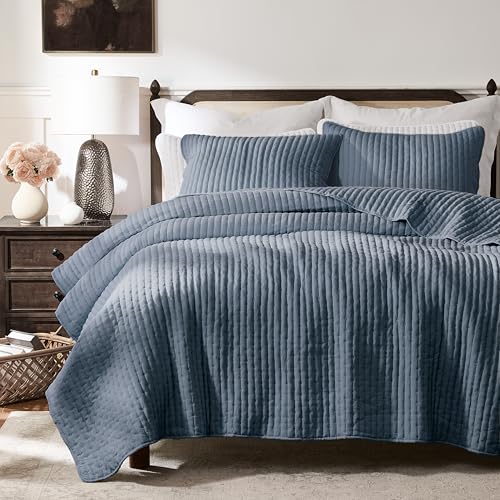 WDCOZY Blue Cross Stitch California Cal King Size Quilt Set, Oversized Striped Lightweight Soft Bedspread, Channel Farmhouse Rustic Coverlet, All Season Country Bedding, Thin Comforter