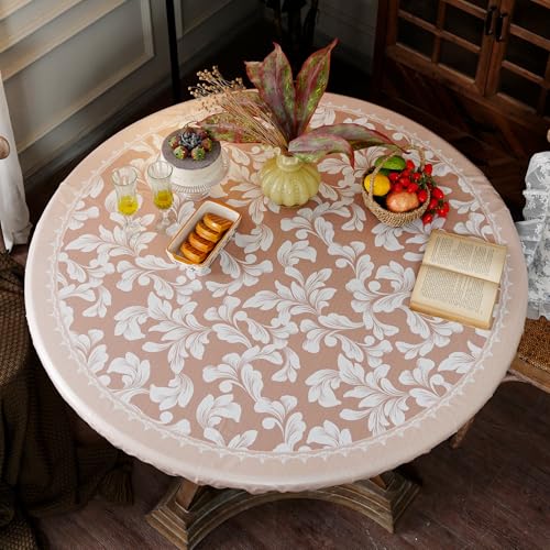 "Artbloss Round Fitted Tablecloth with Elastic Farmhouse Waterproof Oli Proof Table Cover Rustic Wipeable Vinyl Table Protector for Home Picnic Outdoor (Scroll Grass, 36""-45"" Round Tight Fit)"
