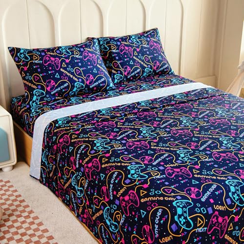Homilay Full Sheets Set Kids - 4 Piece Video Games Sheets for Boys, Girls, Teens, Toddler, Easy Fit Deep Pockets, Breathable, Wrinkle-Free, Cozy Soft Cartoon Print Cute Bed Sheets