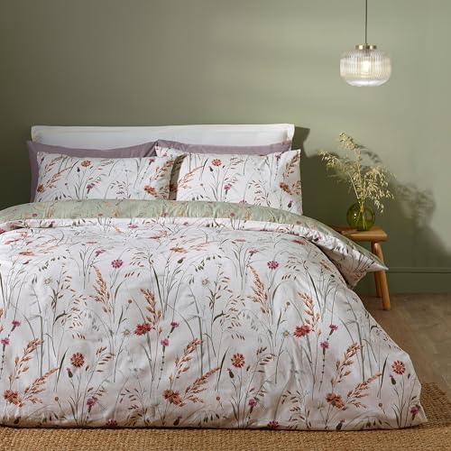 Catherine Lansfield Brushed Grasmere Floral Cotton Reversible Single Duvet Cover Set with Pillowcase Green