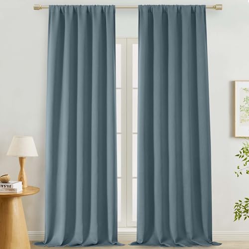 "Lecloud Stone Blue Curtains 108 Inch for Living Room Length 2 Pcs, Room Darkening Rod Pocket Solid Window Curtains for Bedroom, Thermal Insulated Drapes for Dining Room, Each Panel 50"" W x 108"" L"