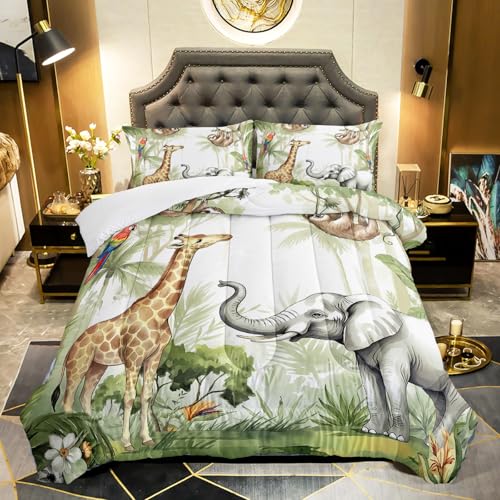 QOOMO Elephant Giraffe Monkeys Comforter Queen Size,Wild Animals Kids Bedding Set,3Pcs Bedding Set Printed Comforter with 2 Pillowcases,Down Alternative,Soft and Lightweight,for All Seasons