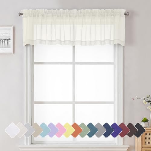 "Lecloud 14 Inch Ivory Sheer Curtains Valance 2 Pieces, Cafe Kitchen Curtain for Small Window Dual Rod Pockets, Light Filtering Living Room Bedroom Half Valance Curtains, 40"" Wx14 L"