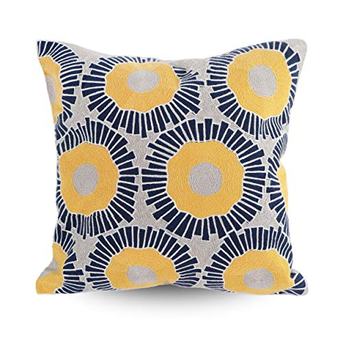 Hodeco Embroidery Throw Pillow Covers 18x18 Home Decor Floor Pillow Cover for Couch Sofa Bed Room Chair 100% Cotton Cushion Cover Pillowcase 45x45cm Yellow Sunflowers Embroidered, 1 Piece