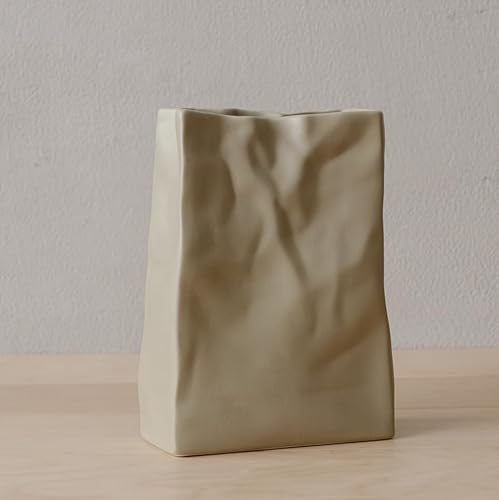 WENSHUO Crinkle Paper Bag Shape Ceramic Vase, Large Capacity for Flower Arrangement, Bookshelf Decorative (Coconut Café) Black,yellow HP2203061