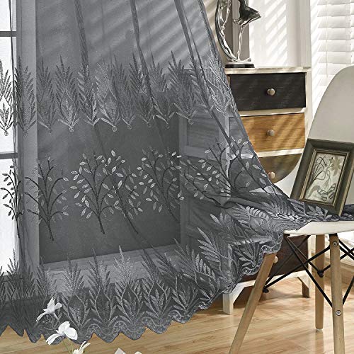 DONREN Luxury Grey Embroidery Sheer Curtain Panels for Living Room - 84 inch Length Leaf Embroidery Voile Window Curtains for Bedroom(W 52 x L 84 Inch,2 Panels)