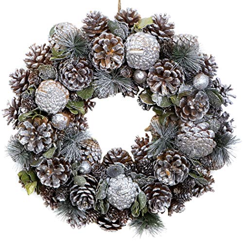 GreenBrokers Christmas Hanging Wreath 38cm - Festive Silver Display with Pine Cones