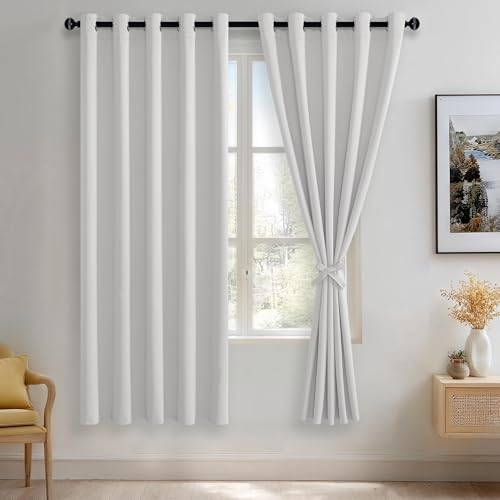JIUZHEN Greyish White Blackout Curtains with Tiebacks Thermal Insulated, Light Blocking and Noise Reducing Grommet Curtains for and Living Room, Set of 2 Window Curtain Panels, 60 x 72 Inch Length