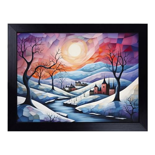 Lap Tray with Bean Bag Cushion, Winter Landscape Cubism - Handmade in the UK, Raised Wooden Edge, Padded Cushion, Heat-Resistant Wipe-Clean Surface, for Meals, Laptops and Crafts