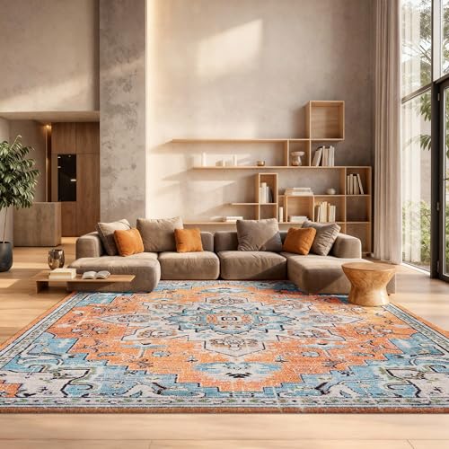 Safavieh Boho Rug for Living Room, Dining Room, Bedroom - Madison Collection, Short Pile, in Orange and Teal, 244 X 305 cm