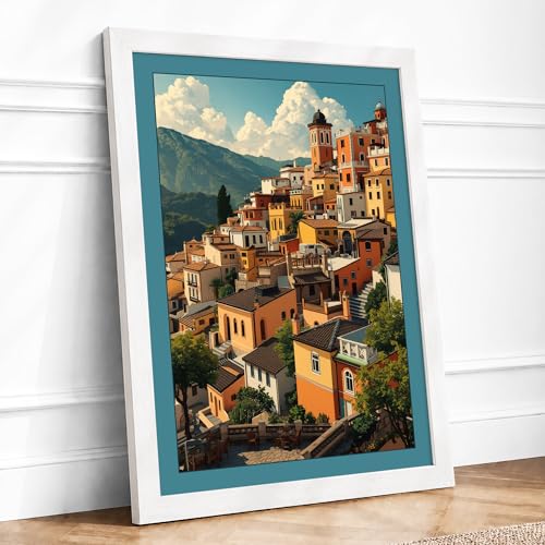 Hillside Village in Ochre Scenic & Cityscapes Framed Print A4 White - Ready to Hang, Premium Gicl??e Paper, Fade-Resistant Inks, Securely Packaged, UK Made