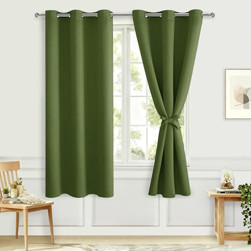 Hiasan Room Darkening Window Curtains for Bedroom, Thermal Insulated Blackout Curtains, Set of 2 Panels, Sewn with Tiebacks, Grommet Top (Olive Green, Width 38 Inch x Length 63 Inch)