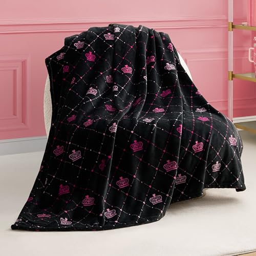 "Juicy Couture Elegant Crown Diamond Ombre 50"" x 70"" Plush Throw Blanket, Black - Decorative Blankets for Sofas, Throws for Chairs, and Beds"