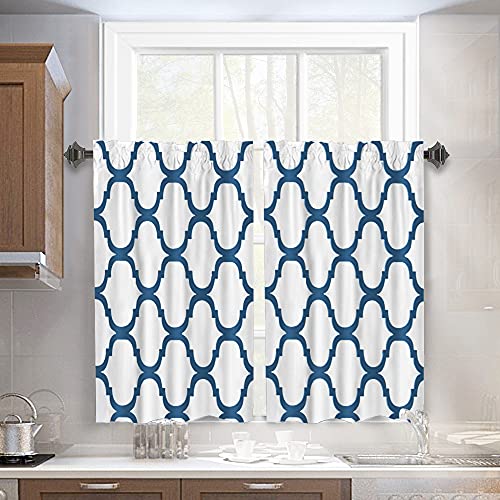 Melodieux Moroccan Fashion Tier Curtains for Kitchen, Geometric Lattice Rod Pocket Curtains for Cafe Bathroom Small Windows, 45 Inch Length, Off White/Royal Blue