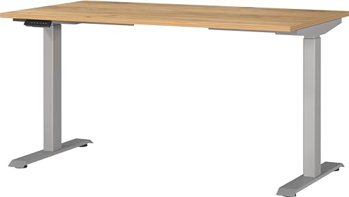 Germania Desk 7905-641, in Navarra oak repro/Silver, el. height-adjustable, 140 x 120 x 80 cm (WxHxD)