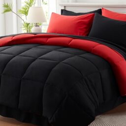 "Anluoer Queen Comforter Set 7 Piece, Reversible Bed in a Bag Queen Size, Lightweight Bedding Set with 1 Comforter(88""*88""), 2 Pillow Shams, 2 Pillowcases, 1 Flat Sheet, 1 Fitted Sheet, Red & Black"