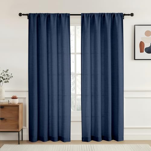 OVZME Navy Blue Curtains 96 Inches Long 2 Panels for Bedroom Living Room, Soft Thick Textured Faux Linen Window Drapes, Light Filtering Privacy Farmhouse Curtains, Rod Pocket Design, 2x42Wx96L Inches