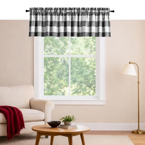 Softopia Cotton Gray Buffalo Check Valance 2 Pack, 54x18 Inches Farmhouse Window Valances with Rod Pocket, Curtain Panels for Kitchen, Dining, Living Room, Bathroom, Caf??, Rustic Home D??cor, Grey