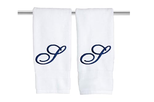 Decorvo White Monogrammed Hand Towels for Bathroom - Luxury Hotel Quality Personalized Initial Embroidered Towel for Powder Room, Spa - GOTS Organic Certified - Set of 2 Navy Letter S
