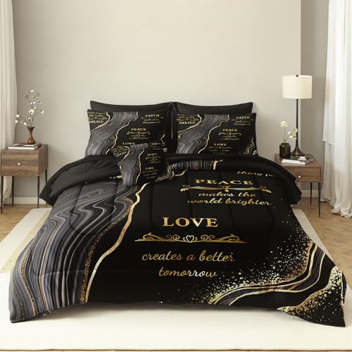 Herside Marble King Size Comforter Set with Sheets,8 Pcs Black and Gold King Bed in a Bag Set,Inspirational Positive Energy Words Quilt Set,Modern Marble Texture Luxury Bedding Set for All Seasons
