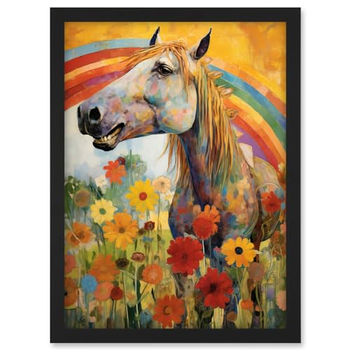 Artery8 Girls Bedroom Nursery Artwork Rainbow Horse With Flowers Bright Colourful Happy Artwork Framed A3 Wall Art Print