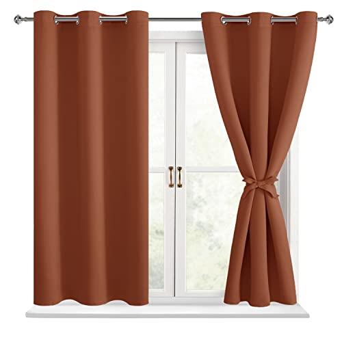 Hiasan Short Blackout Curtains for Bedroom - Thermal Insulated & Energy Saving Window Curtains for Living Room Fall Home Decor, 2 Drape Panels Sewn with Tiebacks, Burnt Ochre, 42 x 45 Inch