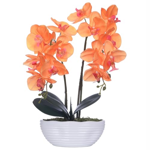 YSZL Large Artificial Potted Orchid Plant, Silk Flower Arrangement with Ceramics Vase, Orange