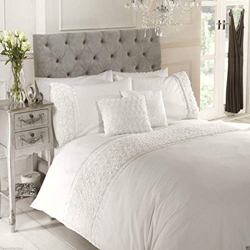 White King Size Duvet Cover and 2 Pillowcases Bedset Bedding Raised Rose Ruffled Detail