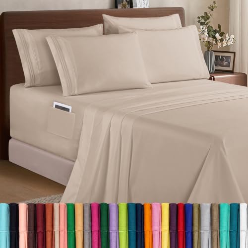 Elegant Comfort 1500 Premium Quality 6-Piece Bed Sheet Set - 18-24 Inch Extra Deep Pocket, Smart Storage Pockets, Wrinkle Free Ultra Soft 6PC Extra Deep Pocket Sheets, Queen, Cream