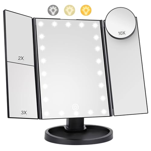 Lighted Makeup Mirror with 22 LED Lights, Dual Power Supply 1x/2x/3x/10x Magnifying Touch Screen Dimmable Mirror, 180 Degree Adjustable Angle, Travel Cosmetic Mirror - Black