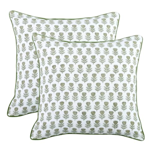 CPC Throw Pillow Covers for Couch, 24x24 Inch Decorative Couch Pillows for Living Room, 100% Cotton Boho Cute Outdoor Pillows, Flower Pillow Covers or Preppy Throws-Morning Bloom Green