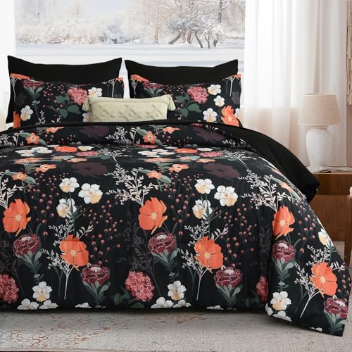 Yiran Black Floral Comforter Set King Size, 7 Piece Botanical Comforter Bedding Set, Farmhouse Bed in a Bag, Soft Microfiber Complete Bedding Set with Sheets for All Season